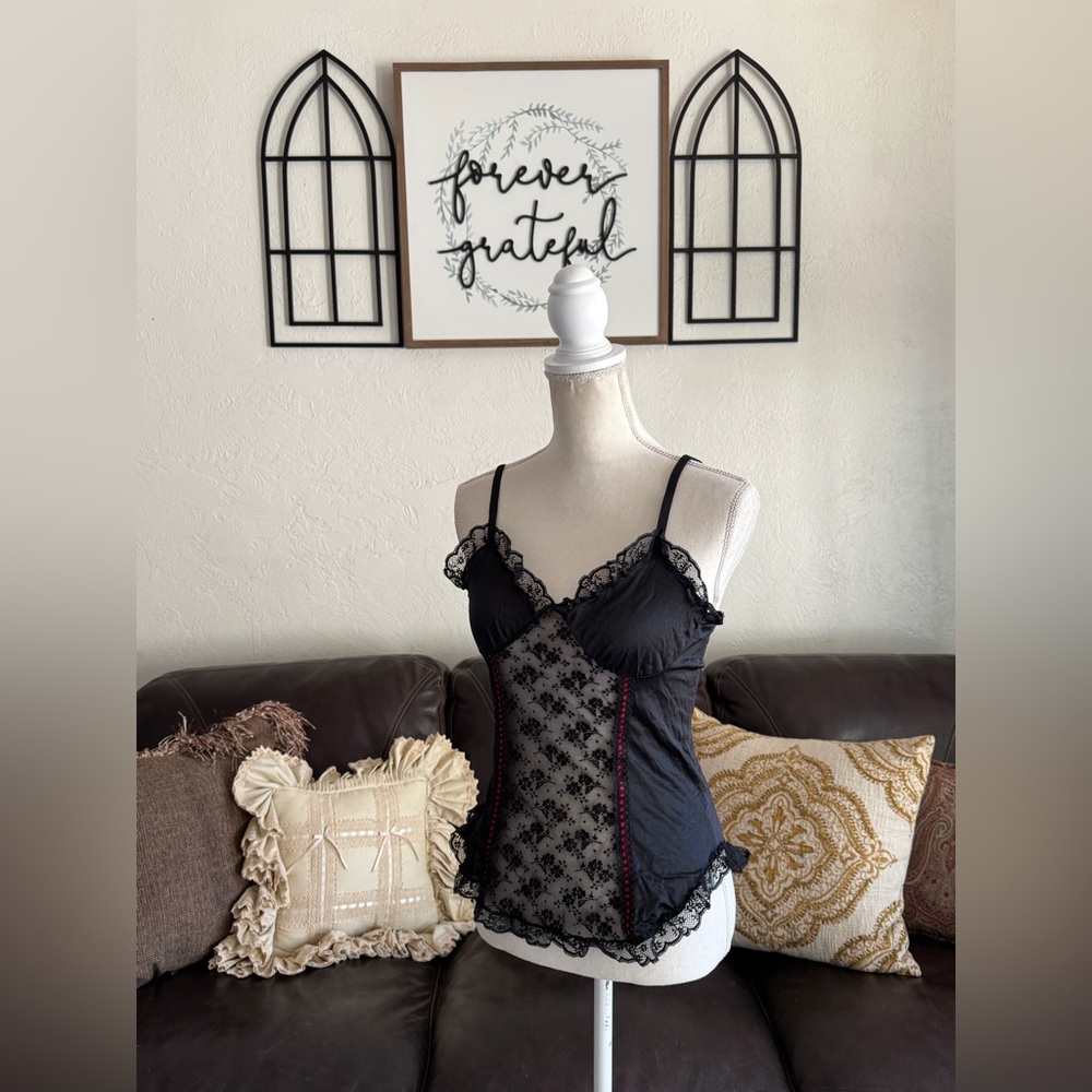 Vintage Nan Flower Floral Black Lace & Red Ribbon Camisole Top Size M - Picture 10 of 11